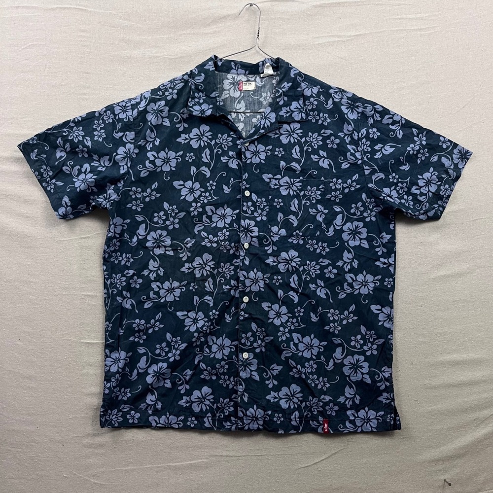 Vintage Levi's Loop Collar Floral Button Up Aloha Shirt XL Navy Blue Red Tab